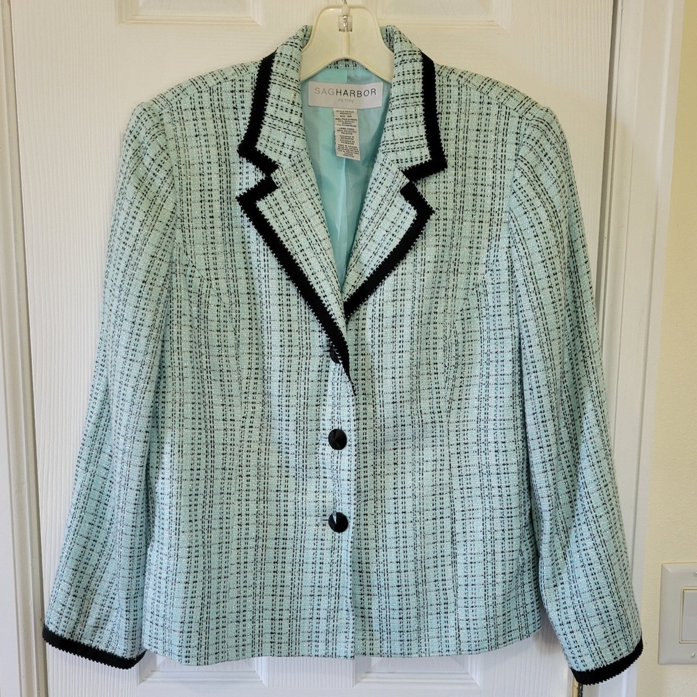 Sag Harbor Petite Aqua Blue Tweed Blazer Metallic Black Trim Jacket 10P